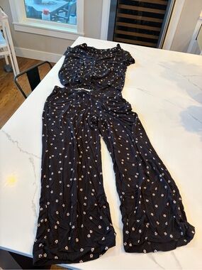 Soma Black Wide-Leg Floral Jumpsuit with White Blossoms - Sleepwear Size M